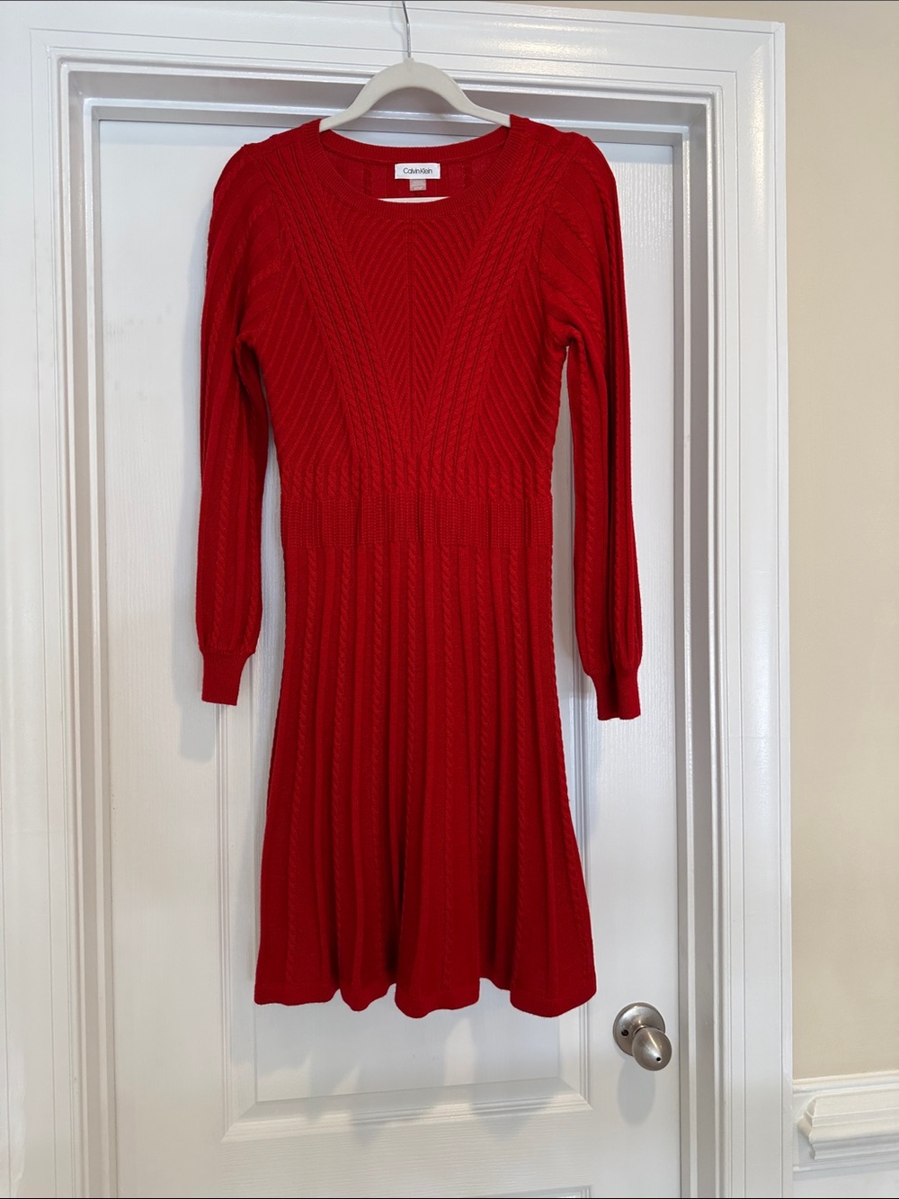 Calvin Klein Vibrant Red Cable-Knit Fit-and-Flare Dress